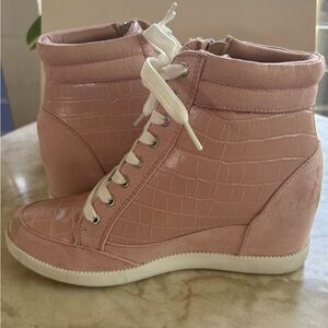 Pink Croc-Embossed High-Top Wedge Heel Sneakers